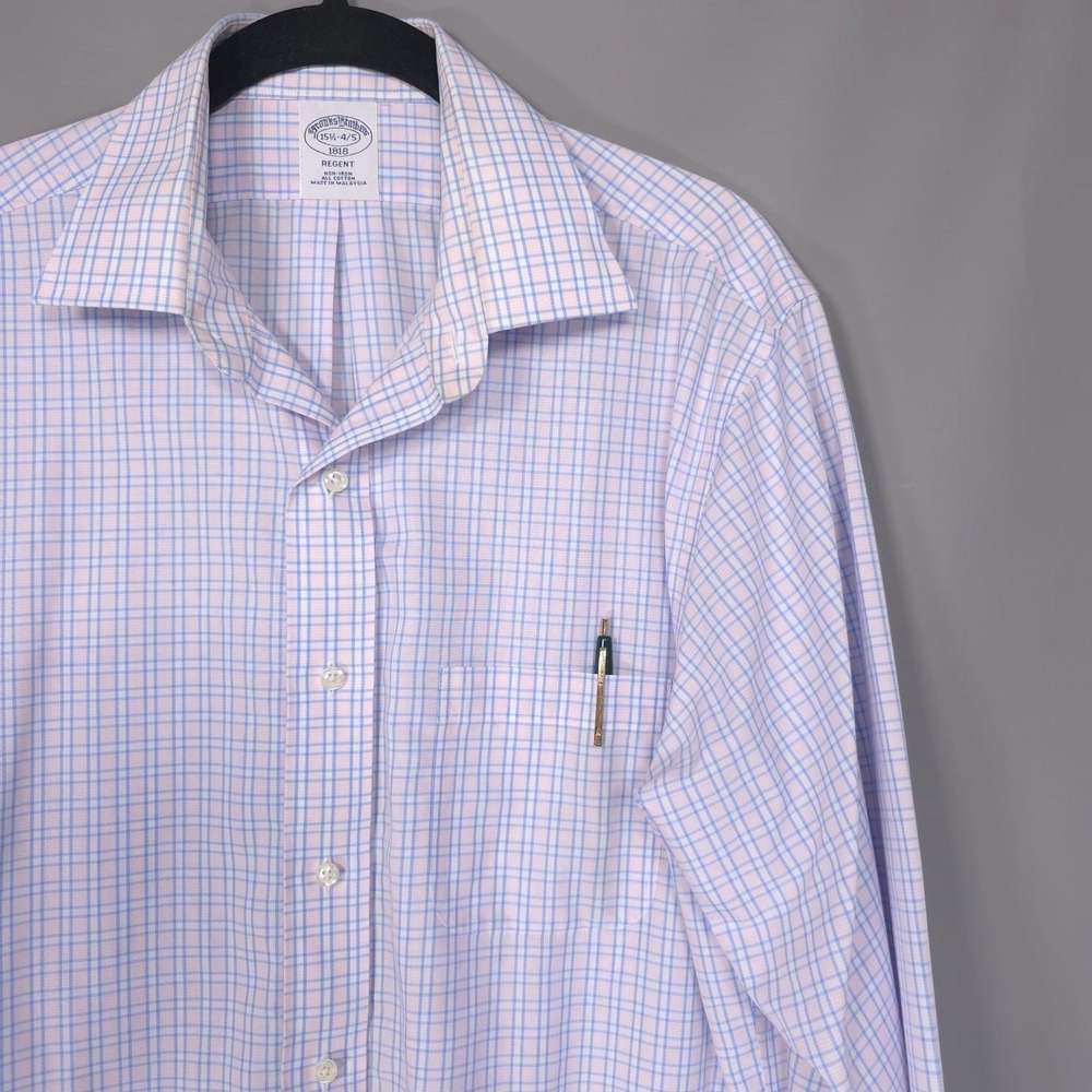 BROOKS BROTHERS Men's Shirt 15.5 4/5 REGENT Non Iron Cotton Blue Pink Plaid Chec
